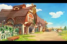 an animated image of a village with cows