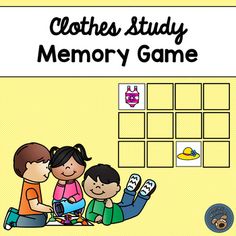 the clothes study memory game is shown with three children sitting on the floor and one boy reading