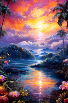 a painting of the sun setting over water with palm trees and flowers in front of it