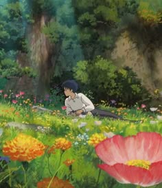 an anime scene with two people sitting in the grass