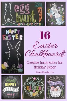 chalkboard images with the words happy easter written on them and an image of a bunny