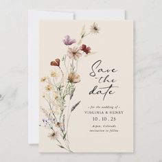 save the date card with wildflowers and butterflies in watercolor on white paper