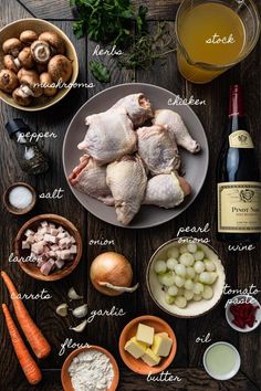 the ingredients to make this dish include chicken, potatoes, carrots, garlic and wine