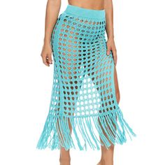 Blue Green Hollow-out High Split Tasseled Beach Skirt Blue Bottoms For Beach Cover-up In Beach Season, Casual Beach Skirt For Beach Season, Beach Skirt For Summer, Summer Beach Party Bottoms With Tassels, Blue Summer Beach Cover-up Bottoms, Blue Summer Bottoms For Beach Cover-up, Summer Beach Bottoms With Tassels, Beachwear Bottoms With Tassels For Vacation, Bohemian Blue Bottoms For Beach Party