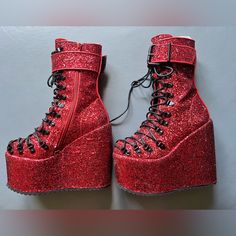 Dolls Kill Red Glitter Traitor Boots Women’s Size 7. Worn Once, Undamaged. Kept In Original Box, Including Dust-Free Bags. Dolls Kill Shoes, Dolls Kill, Red Glitter, Free Bag, Girls Shoes, Cute Shoes, Original Box, Womens Boots, Glitter