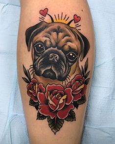 a pug dog with roses and hearts on it's leg is seen in this tattoo design