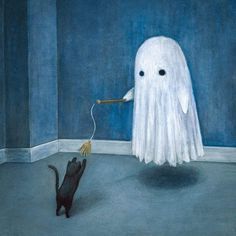 a painting of a white ghost and a black cat in a room with blue walls