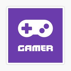 a game controller sticker with the word gamer in white on a purple square background