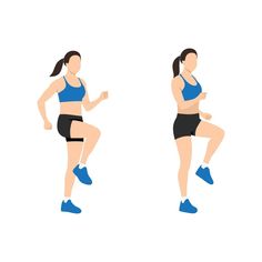 a woman is running in two different positions