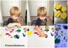 there are pictures of children making crafts at the table