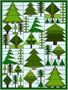 a green and white quilt with trees on it