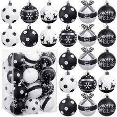 black and white christmas ornaments in a box