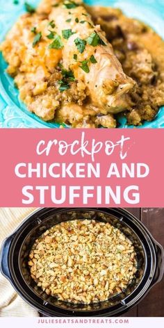 crockpot chicken and stuffing in a slow cooker with text overlay that reads crockpot chicken and stuffing