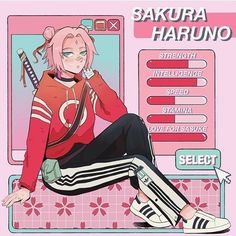 an anime character sitting on top of a pink background with the words sakura haruno