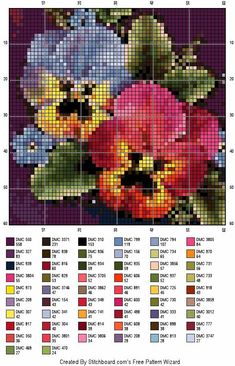 a cross stitch pattern with flowers in different colors and sizes, all on one page