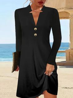 Women's Long Sleeve Spring/Fall Plain Dress V Neck Daily Going Out Casual Midi H-Line Fit & Flare Dress V Neck Black Dress, Jersey Pattern, Sukienki Plus Size, Flare Long Sleeve, Plain Dress, Plus Size Kleidung, Vestido Casual, Daily Dress, Loose Dress