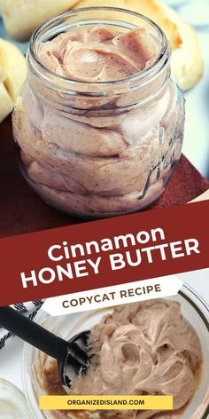 cinnamon honey butter in a glass jar with a spoon