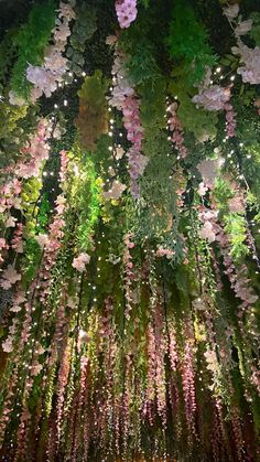 the ceiling is covered in flowers and greenery, with lights shining down on them