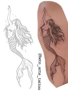 two mermaids with long hair and one has a tattoo on her arm, the other is