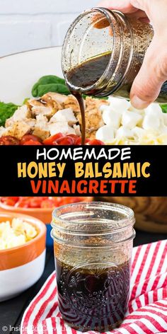 homemade honey balsamic vinaigrette is being poured into a mason jar