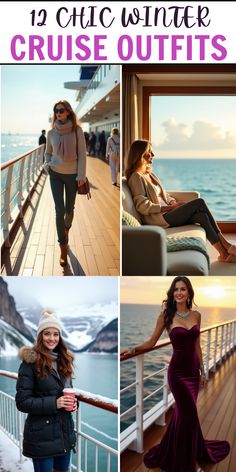 four photos with the words cruise outfits on them, including two women in long dresses and one