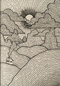 a drawing of mountains and clouds with the sun in the background