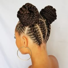 Cornrow High Bun, Braided Pigtail Buns, Cornrow Buns For Black Hair, 4 Braids Into Bun, Up Do Braids For Black Hair, Feed In Braids Hairstyles Updos, 1 French Braid, Braid For Black Women, Braided Bun Styles