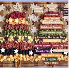 two pictures showing different types of cheeses and fruits on a cutting board with star shaped cutouts