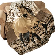 a horse is depicted on the back of a chair with it's cover pulled up