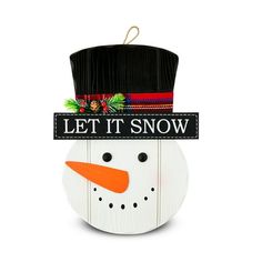 a snowman with a black hat and red scarf on it's head that says let it snow