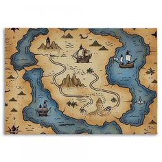 an old pirate map with ships and other things on it's surface, including the ocean