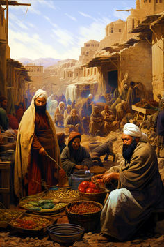 a painting of people in an old city with food on the ground and one man cooking