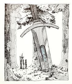 a drawing of a giant knife stuck in a tree