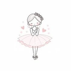 a drawing of a girl in a pink tutu skirt with hearts around her head