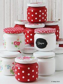 red and white polka dot covered jars are stacked on top of each other with the words baby me written on them