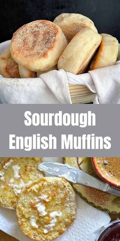 some english muffins are in a basket and one is on the table with other pastries