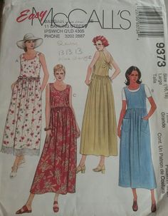 three women's dresses and one woman's hat are shown in this sewing pattern