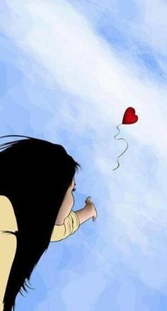 a girl flying a red heart shaped kite in the sky with her hand on her hip