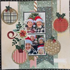 a scrapbook page with christmas ornaments and photos