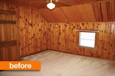 an empty room with wood paneling on the walls and ceiling, before and after remodel