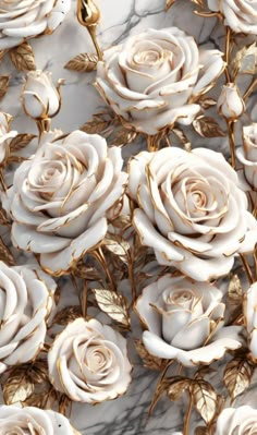 white roses with gold leaves on a marble background, closeup photo for wallpaper