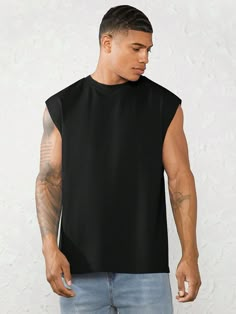 Black Casual Collar Sleeveless Knitted Fabric Plain  Embellished Medium Stretch  Men Tops Sleeveless Tshirt Outfit, Tank Top Outfits Men, Sleeveless Shirt Outfit, Sleeveless Top Outfit, Man Tank Top, Black Tank Top Men, Shein Basics, Tank Tops For Men, Solid Tank Tops