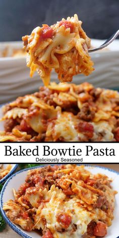 A double photo collage of pasta in a white bowl with blue trim. Baked Bowtie Pasta, Bow Pasta Recipes, Bowtie Pasta Recipe, Pasta Casserole Recipes, Creamy Garlic Sauce, Baked Pasta Recipes, Bowtie Pasta