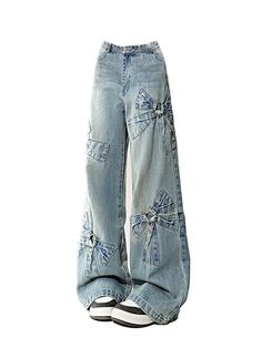 Bow - Accent Wide - Leg Jeans - Jeans 2000s Style Aesthetic, Trashy Clothes, Japanese 2000s, Bow Jeans, Trashy Outfits, Oversized Jeans, 2000s Style, Moda Jeans, Jean Pants