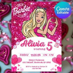 barbie birthday party flyer with pink hearts