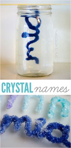 three different images with the words crystal names written in blue and purple yarn on them