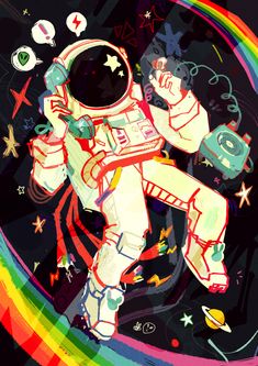 an astronaut floating in space surrounded by stars and other colorful objects on a black background