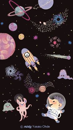 an image of some animals flying in the air with planets and stars around them on a black background