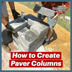 two men are working on some kind of block structure that is made out of concrete