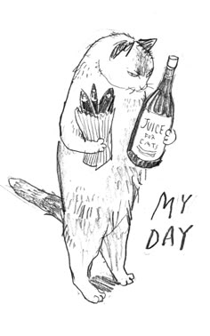 a black and white drawing of a cat holding a wine bottle